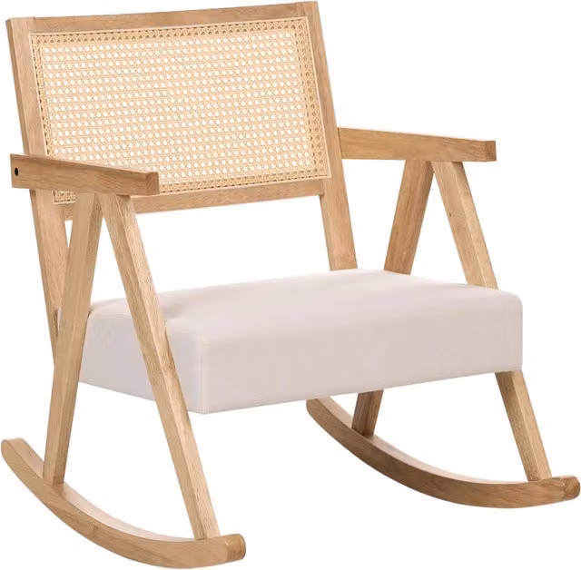 Poltrona a dondolo imbottita con schienale Vienna stile scandinavo struttura in legno di gomma tessuto marrone chiaro e beige chiaro