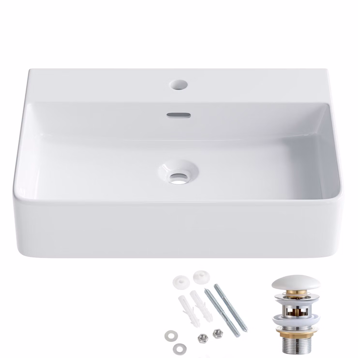 Lavabo HOROW, 60 x 42 cm, con sistema di scarico pop-up in Vetroceramica, mobile lavabo da parete, lavabo sospeso in Vetroceramica, lavabo da appoggio rettangolare con troppofilo