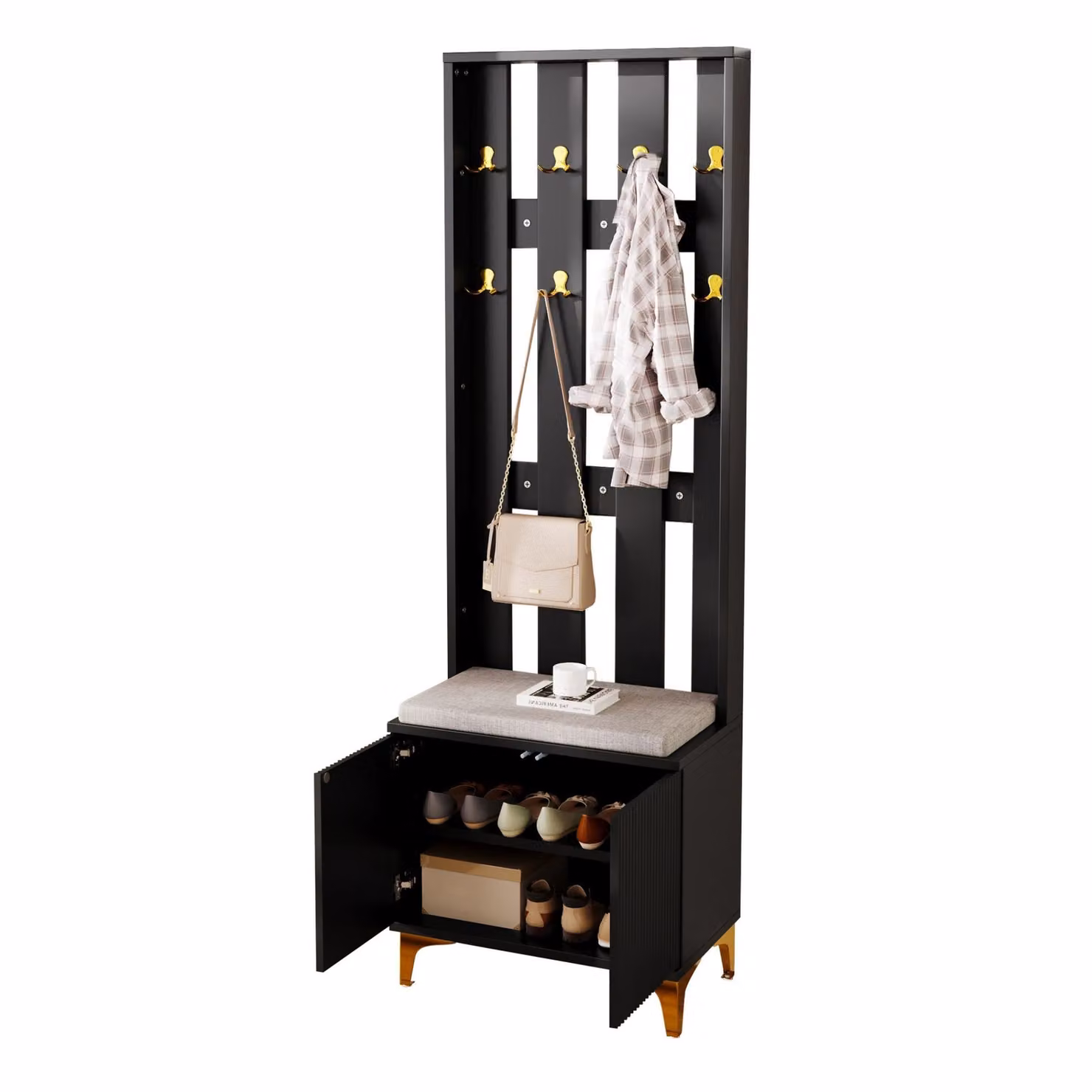 Armadio 3 in 1 con spazio per scarpe, 8 ganci doppi per cappotti, panca imbottita rivestita in lino, design rialzato con piedi in metallo dorato, colore nero