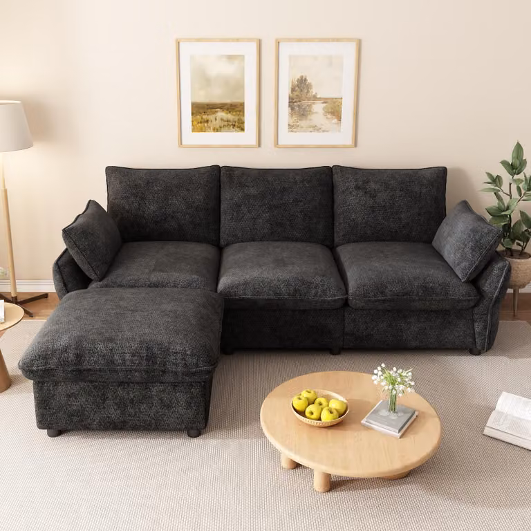 Divano angolare moderno con poggiapiedi, divano a 3 posti, divano a forma di L con pouf, divano in velluto, divano per il soggiorno, divano con cuscini, grigio