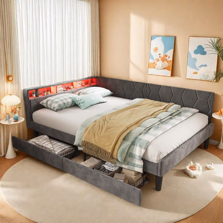 Letto imbottito ProximaX 140x200 cm con illuminazione a LED e porta USB/Type-C, letto con 2 cassetti, letto matrimoniale in velluto, divano letto 2 in 1, grigio