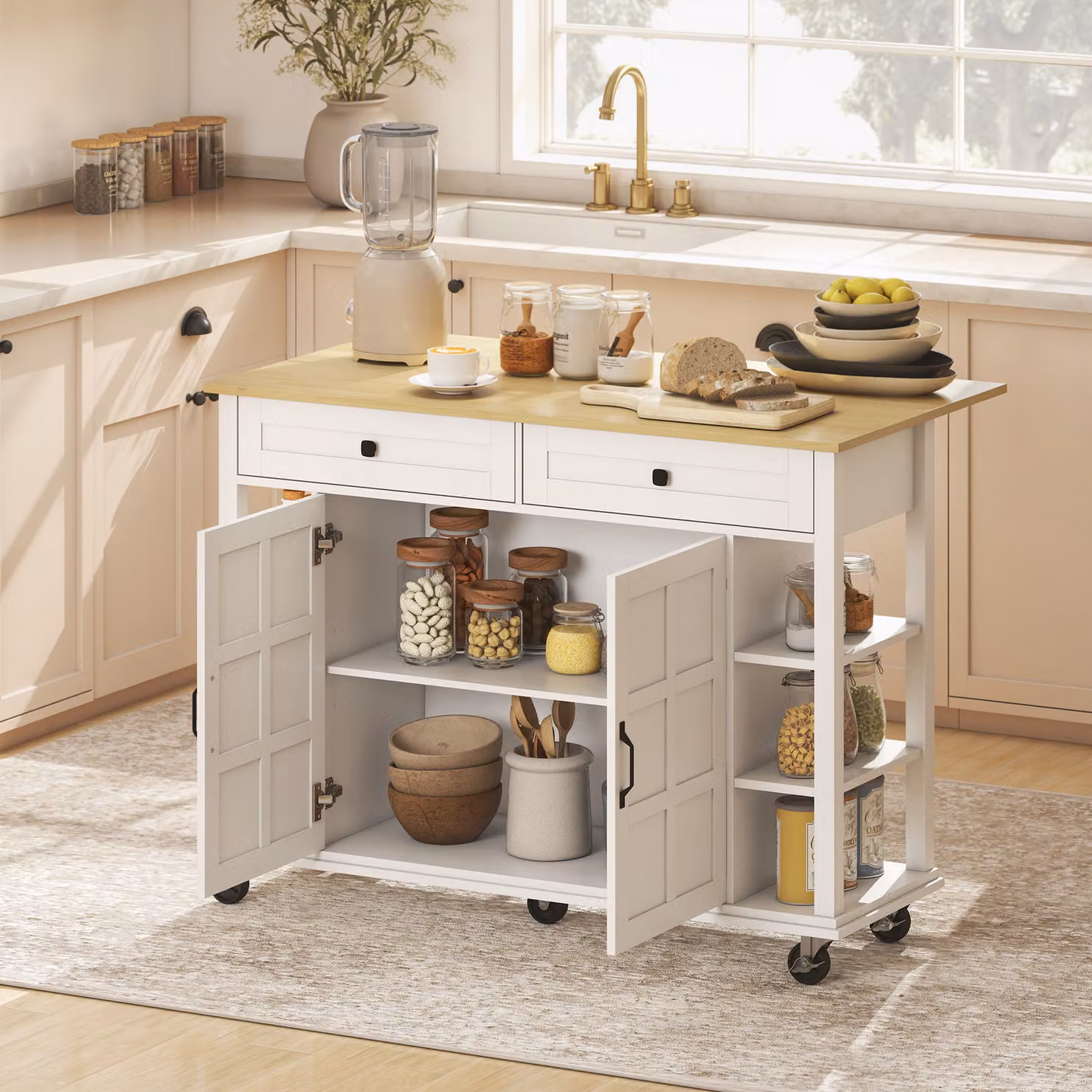 Isola da cucina HOMCOM bianca con 2 cassetti, 6 ripiani aperti e 2 ante con chiusura ammortizzata, L 120 cm x P 65 cm x H 89 cm – 2