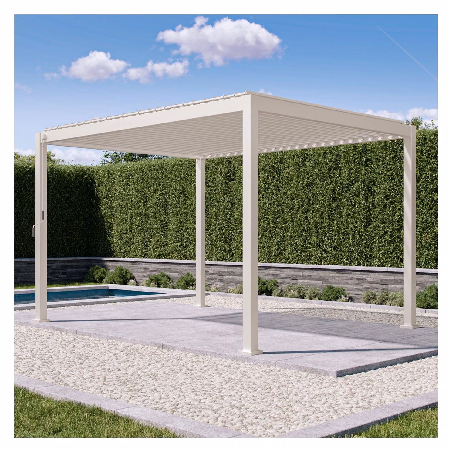 Mirador Pergola 111S, 3 x 4 metri, tettoia in lamelle d'acciaio, pilastri in alluminio, grondaia, struttura autoportante, gazebo da giardino resistente al vento (colore: latte)