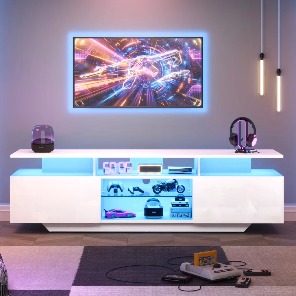 Cassettiera TV moderna KOMHTOM bianca con illuminazione integrata in MDF e vetro, L: 160 cm, P: 40 cm, H: 45 cm – 2