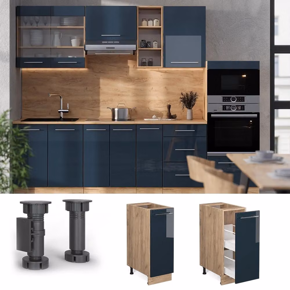 Armadio dispensa da cucina Vicco Fame-Line Blu scuro lucido e Rovere dorato L: 30 cm, H: 82 cm, P: 51,6 cm – 2