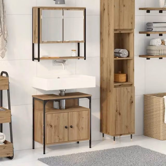 Set di mobili da bagno moderno vidaXL composto da mobile lavabo e pensile a parete in legno marrone e nero con finitura opaca