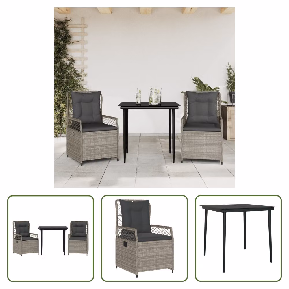 The Living Store Set da pranzo da giardino 3 pezzi con cuscini in rattan grigio chiaro