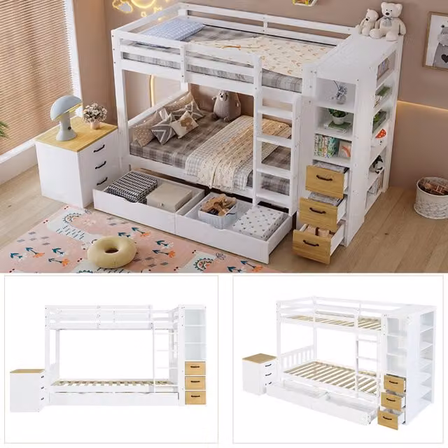 Letto a castello in legno 90x200 cm; due posti letto; cassettoni e scaffale laterale; bianco e naturale