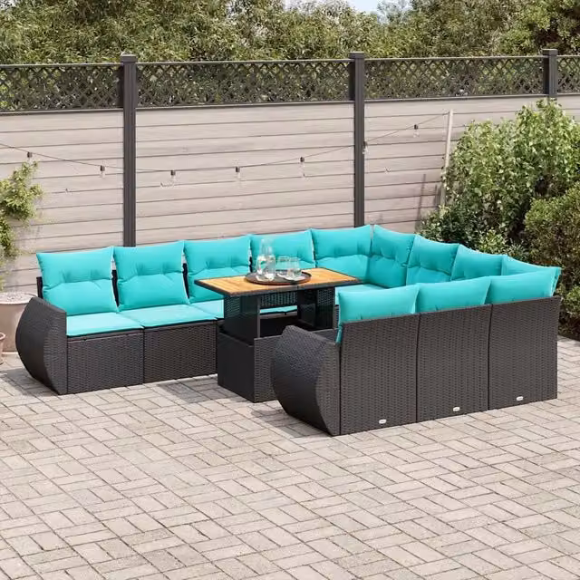 Set di divani da giardino vidaXL 11 pezzi in polyrattan nero con cuscini in legno di acacia oliato