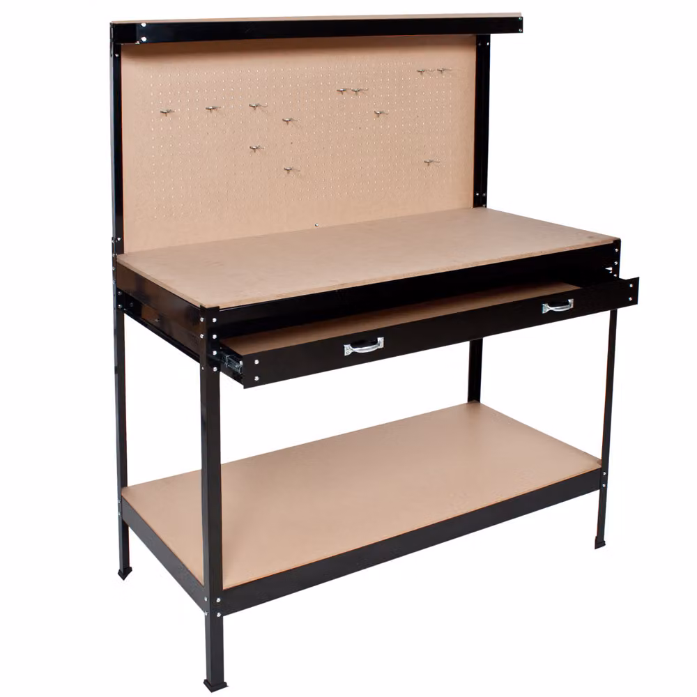 Banco da lavoro TecTake con cassetto e pannello forato in metallo e legno, colore nero, L/P/H: 120 x 60 x 156 cm