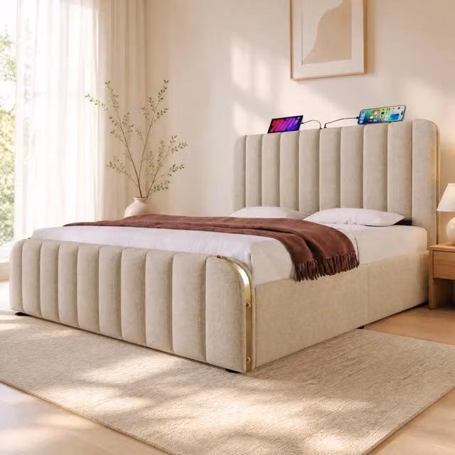 Letto matrimoniale imbottito MODFU beige con contenitore e porte USB e Type-C L/P: 160 x 200 cm – 1