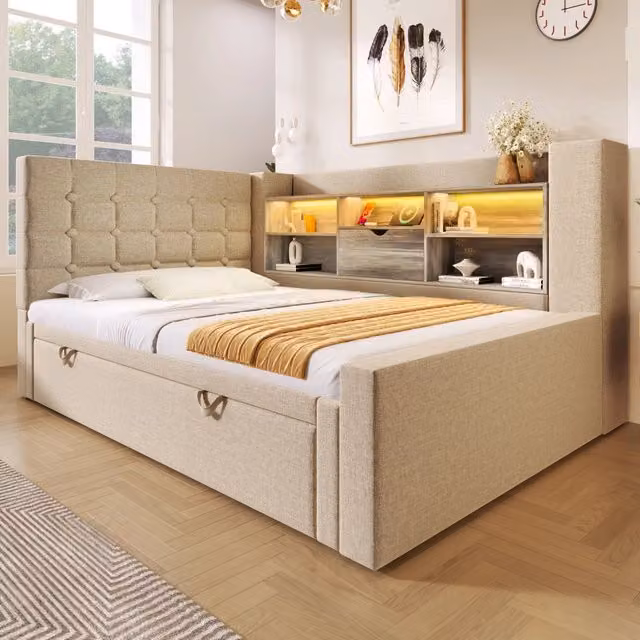 Letto 90x200 cm con letto estraibile; LED e porte USB in lino e metallo beige