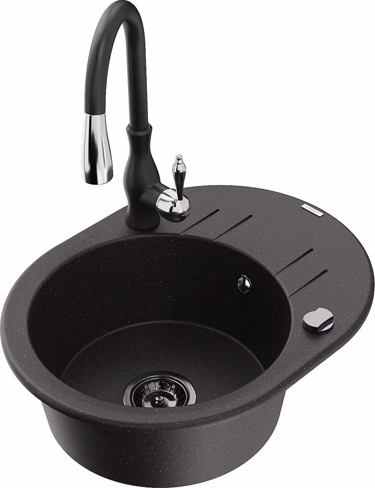 Mexen Kevin lavello in granito a 1 vasca con scolapiatti e rubinetto da cucina Savita, nero/oro metallizzato