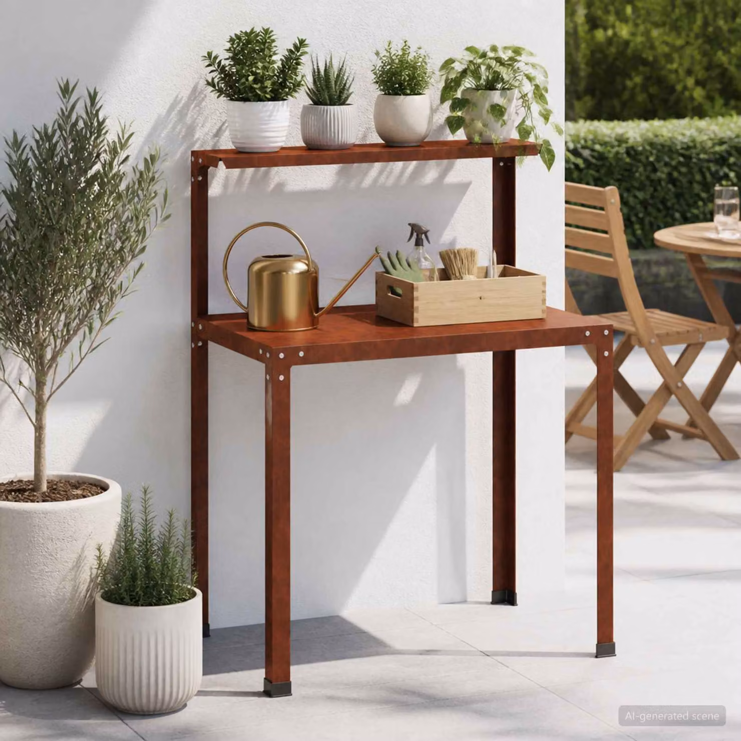 vidaXL Tavolo da rinvaso moderno in metallo e legno, colore marrone, L 100 x P 50 x H 104 cm