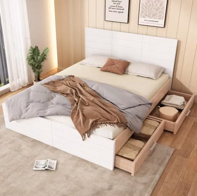 Letto matrimoniale ULEVR 180x200 cm con 2 cassetti intercambiabili e rete a doghe, bianco e rovere chiaro