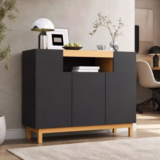 Credenza moderna a tre ante con vano centrale aperto in MDF nero effetto legno L 120,5 cm x P 42 cm x H 96 cm – 1