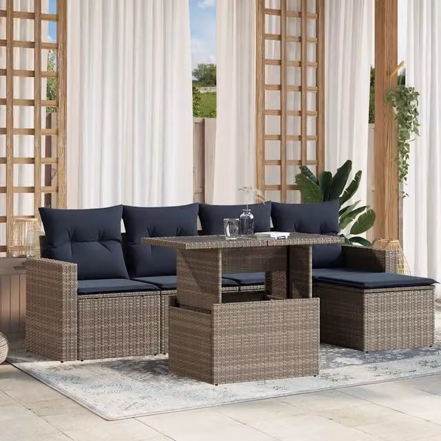 Set di divani da giardino vidaXL in polyrattan con cuscini grigi e blu, 6 pezzi – 1
