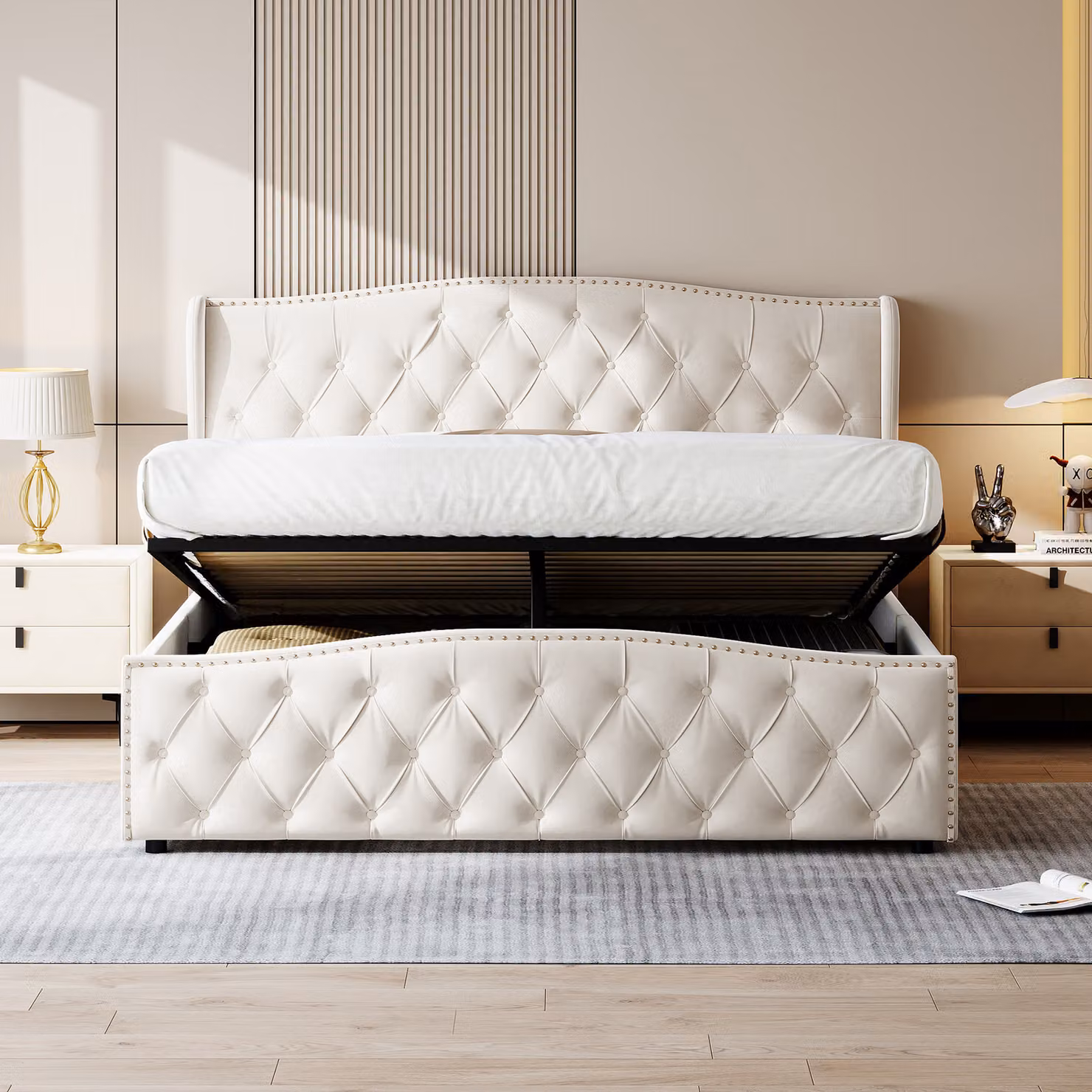 Letto imbottito 160x200cm con rete a doghe, letto a molle idrauliche con rete e contenitore, letto matrimoniale in velluto con contenitore letto funzionale, bianco