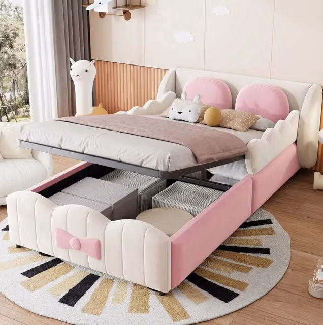Letto imbottito per bambini 90x200 con contenitore idraulico, velluto beige, 2 cuscini