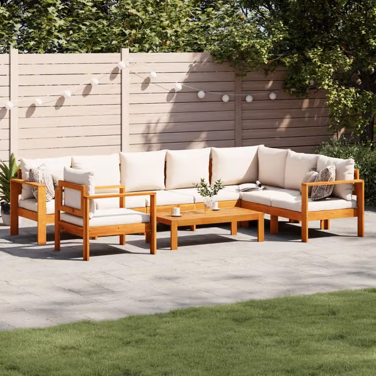 vidaXL Set Divano da Giardino a L in Legno di Acacia con Cuscini Bianchi 6 pz
