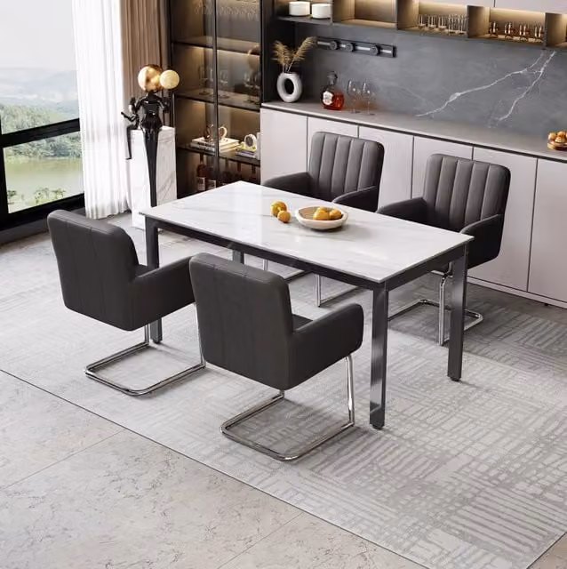 Set da 4 Sedie da Pranzo in Pelle Sintetica Nera con Gambe Metalliche a Zig Zag