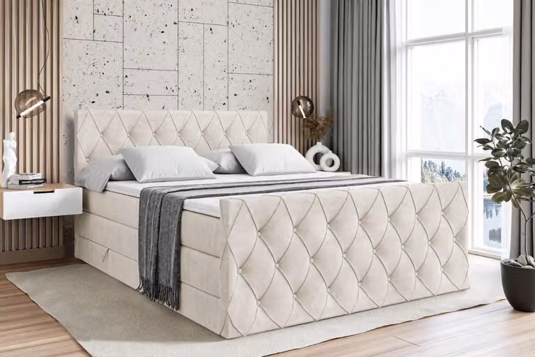 Letto boxspring ALTDECOR con materasso e rete a doghe - AMAY KING - 140x200 cm - Velluto beige - Coprimaterasso, pediera, letto imbottito con contenitore, letto con contenitore H3 e H4 - Materasso, letto matrimoniale, letto boxspring