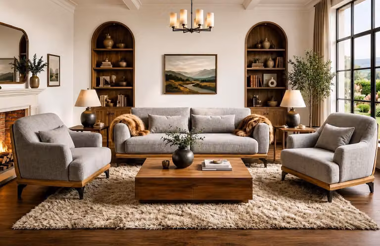 Sofa 3-Sitzer 2 Sessel Grau Modern Stoff Holz Metall Set