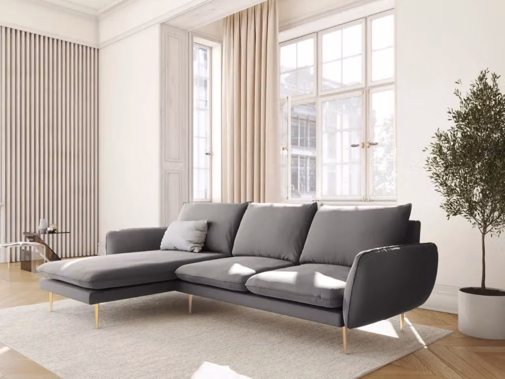 Divano angolare sinistro Vienna Cosmopolitan Design a 5 posti in velluto grigio chiaro L 255 x P 95 x H 73 cm – 2