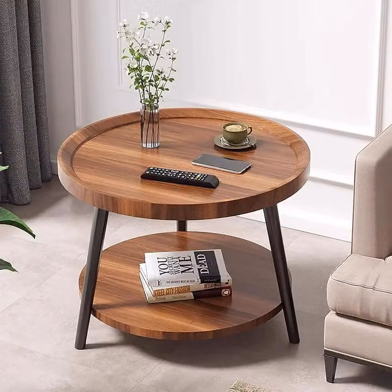 Tavolino in legno rotondo a 2 ripiani Ø50 cm H48 Tavolino da salotto