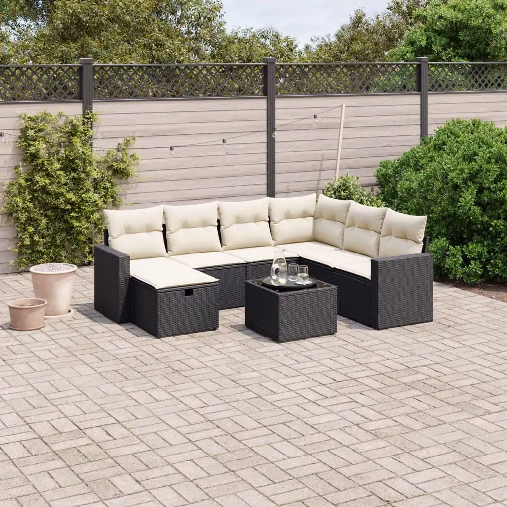 Set Divano da Giardino a L con Cuscini vidaXL, 8 Pezzi, Nero e Bianco, con Tavolino e Struttura in Metallo e Polyrattan – 1