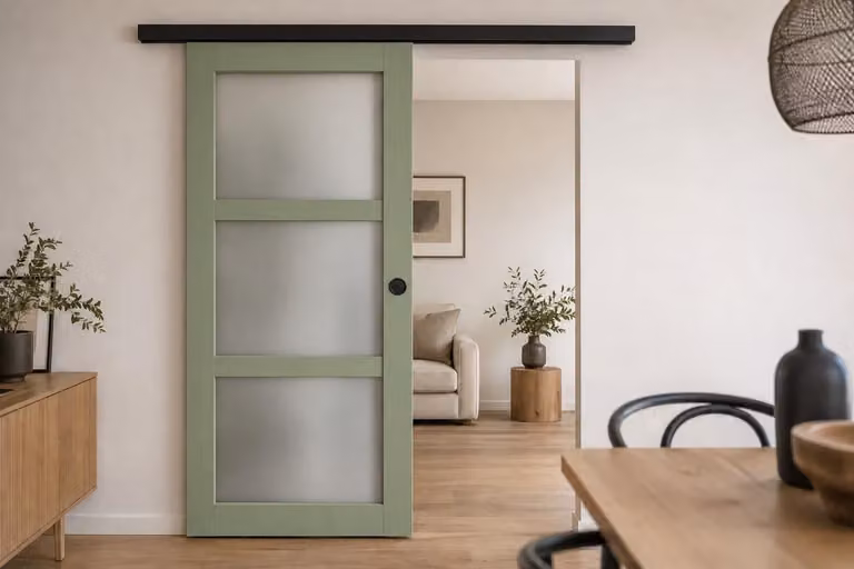 Porta scorrevole verde chiaro con vetro H204 x L73 cm, binario in alluminio con fascia nera, conchiglie nere per GD MENUISERIES