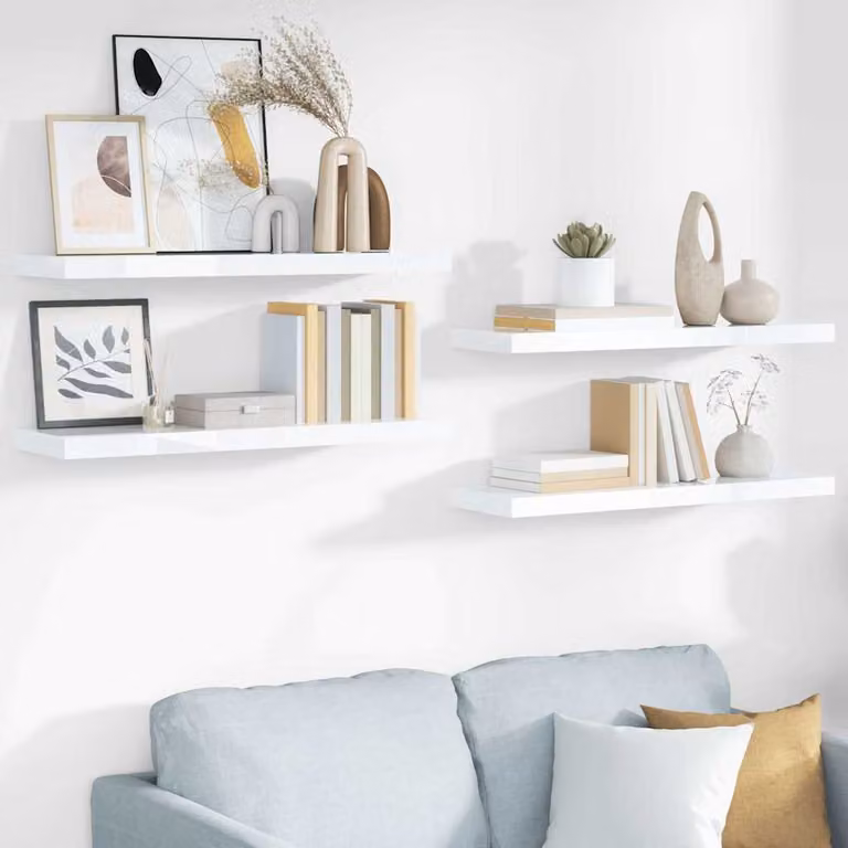 Set di 4 scaffali a parete vidaXL in MDF bianco lucido L: 80 cm, P: 23,5 cm, H: 3,8 cm