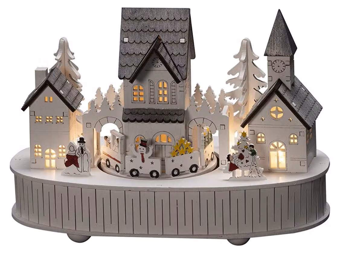 Decorazione natalizia in legno con silhouette di casa e chiesa, color bianco, con 5 luci a LED bianco caldo e timer