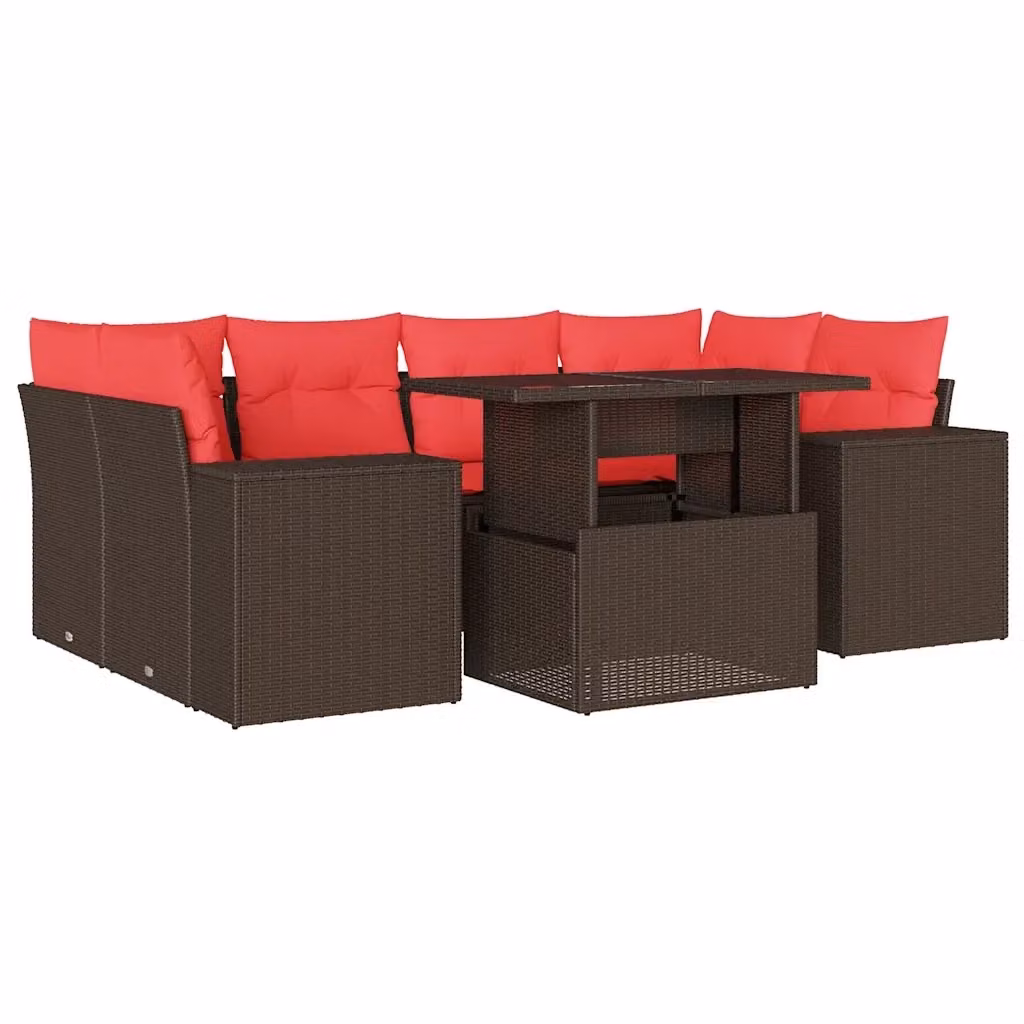Set da giardino vidaXL composto da 7 pezzi con cuscini marroni e tavolino in vetro con struttura in polyrattan e metallo – 2