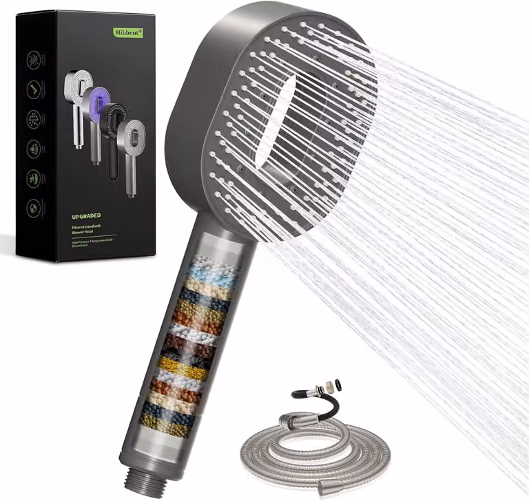 Doccia manuale, lunghezza 1,5 metri, 5 getti, filtro anticalcare a 20 stadi, colore grigio, per bagno