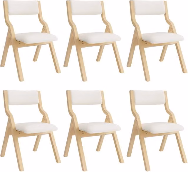 Set di 6 sedie pieghevoli in legno massello con rivestimento in lino beige, per sala da pranzo e ambiente moderno
