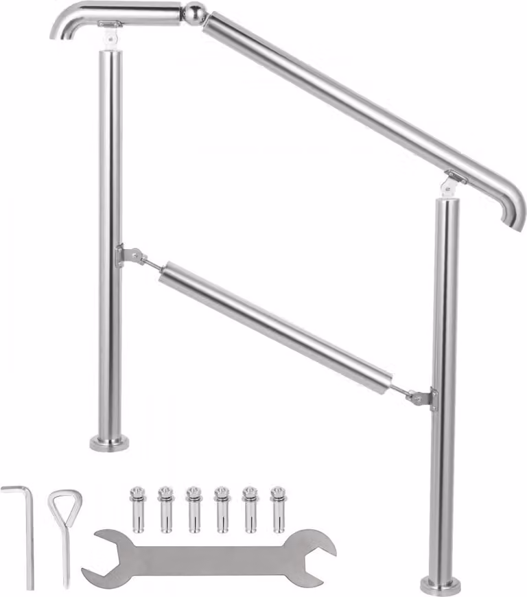 Corrimano per scale in acciaio inox per 5 gradini - Ringhiera d'ingresso regolabile argento - Altezza regolabile - 1,6 m