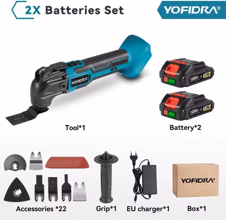 Multitool oscillante - Utensile multifunzione a batteria - 2 batterie 128VF - 600 W - 6000-20000 OPM - 6 livelli - Cambio rapido in 3 secondi - Arancione