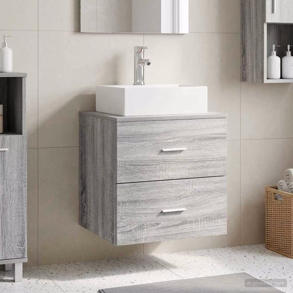 Lavabo da parete moderno vidaXL in stile Sonoma grigio con cassetti e ante, L: 49,5 cm, P: 41 cm, H: 62,5 cm