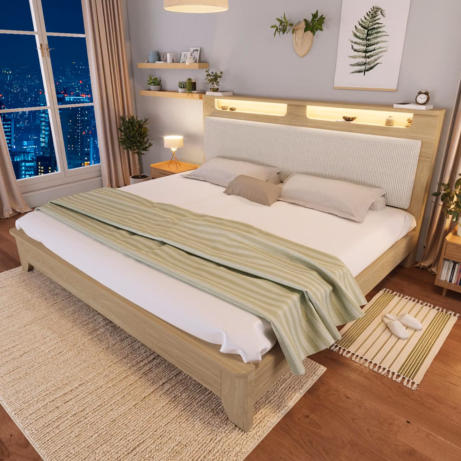 MODFU letto in legno 140×200 con contenitore, struttura letto matrimoniale con beige e LED, letto giovanile con rovere chiaro, senza materasso e panca letto