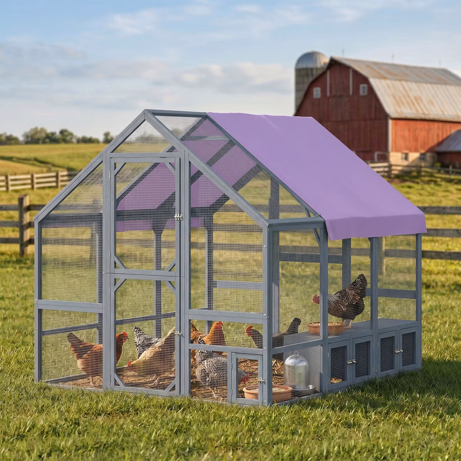 Pollaio PawHut in legno con telo impermeabile, 2 cassette, nido e 2 posatoi per 8-10 galline, Grigio Scuro, L: 211 cm, P: 186,5 cm, H: 185,5 cm – 2