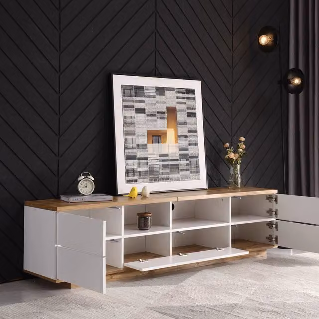 Mobile TV FOLYNA moderno in MDF bianco e legno con cinque ante e due vani aperti, L: 180 cm, P: 38 cm, H: 46 cm