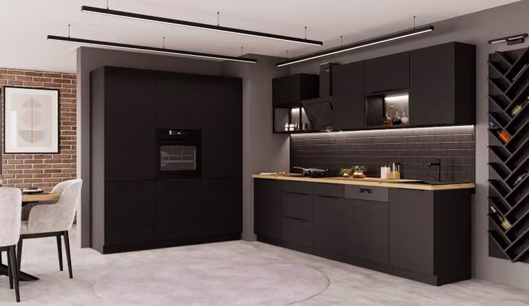Cucina SIENA LOFT - 280 + 180 cm, linea cucina, blocco cucina, cucina componibile, nero opaco