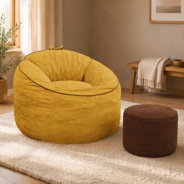 Poltrona relax OKWISH con pouf e tasca laterale in flanella gialla – 1