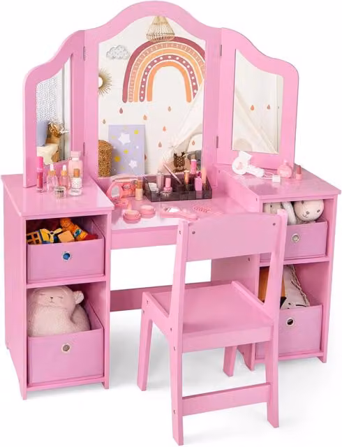 Toeletta Trucco 2 in 1 per Bambina Costway in Legno con 4 Cassetti in Tessuto, Specchio Staccabile e Sgabello, Rosa e Bianco, L/P/H: 104 x 40 x 117 cm