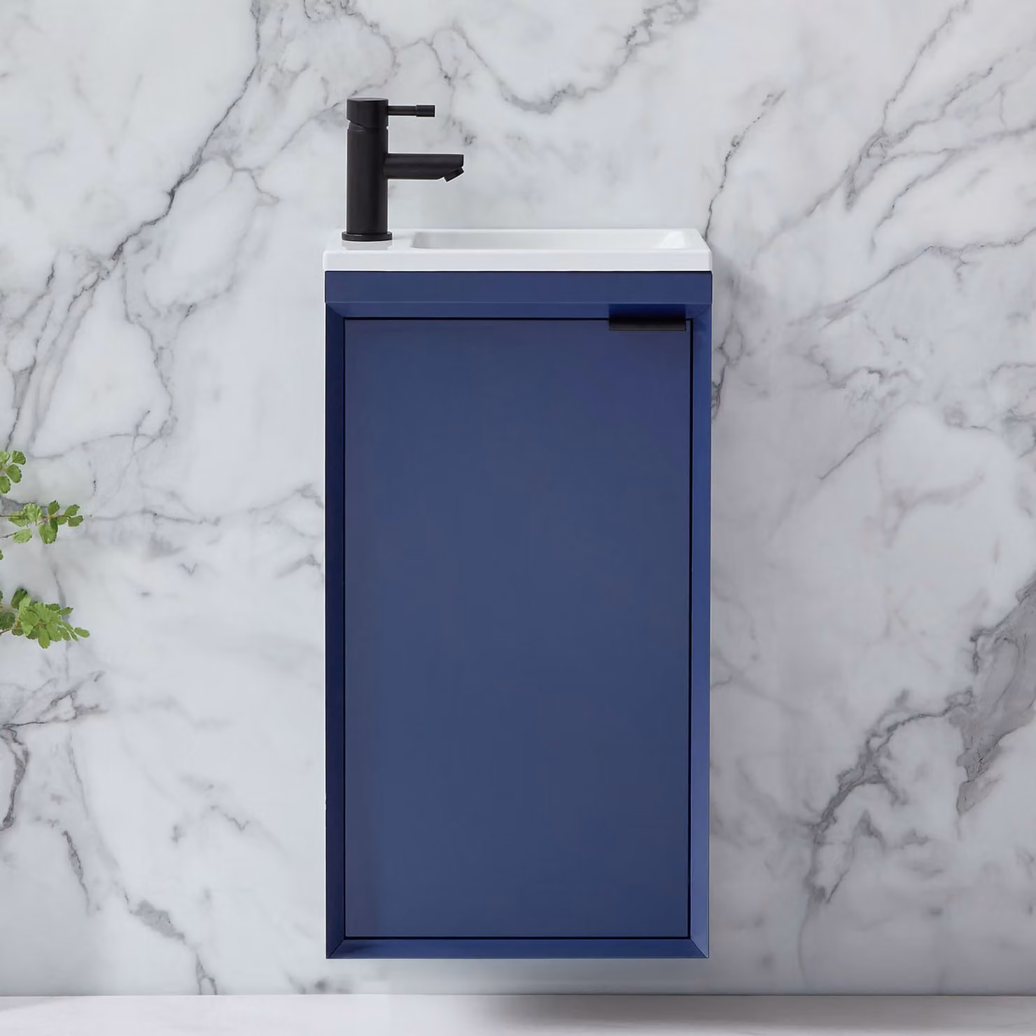 Mobile Bagno Sospeso Blu Marino 400mm con Lavabo e Maniglia con Impugnatura a Dito Nera - Edge