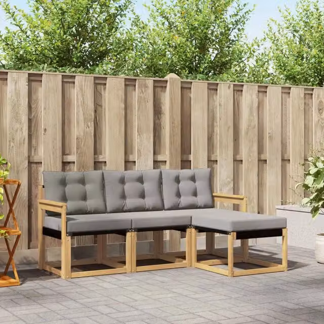 Set di divani da esterno a L con ottoman vidaXL in legno di acacia e tessuto textilene, Bianco e Grigio – 1