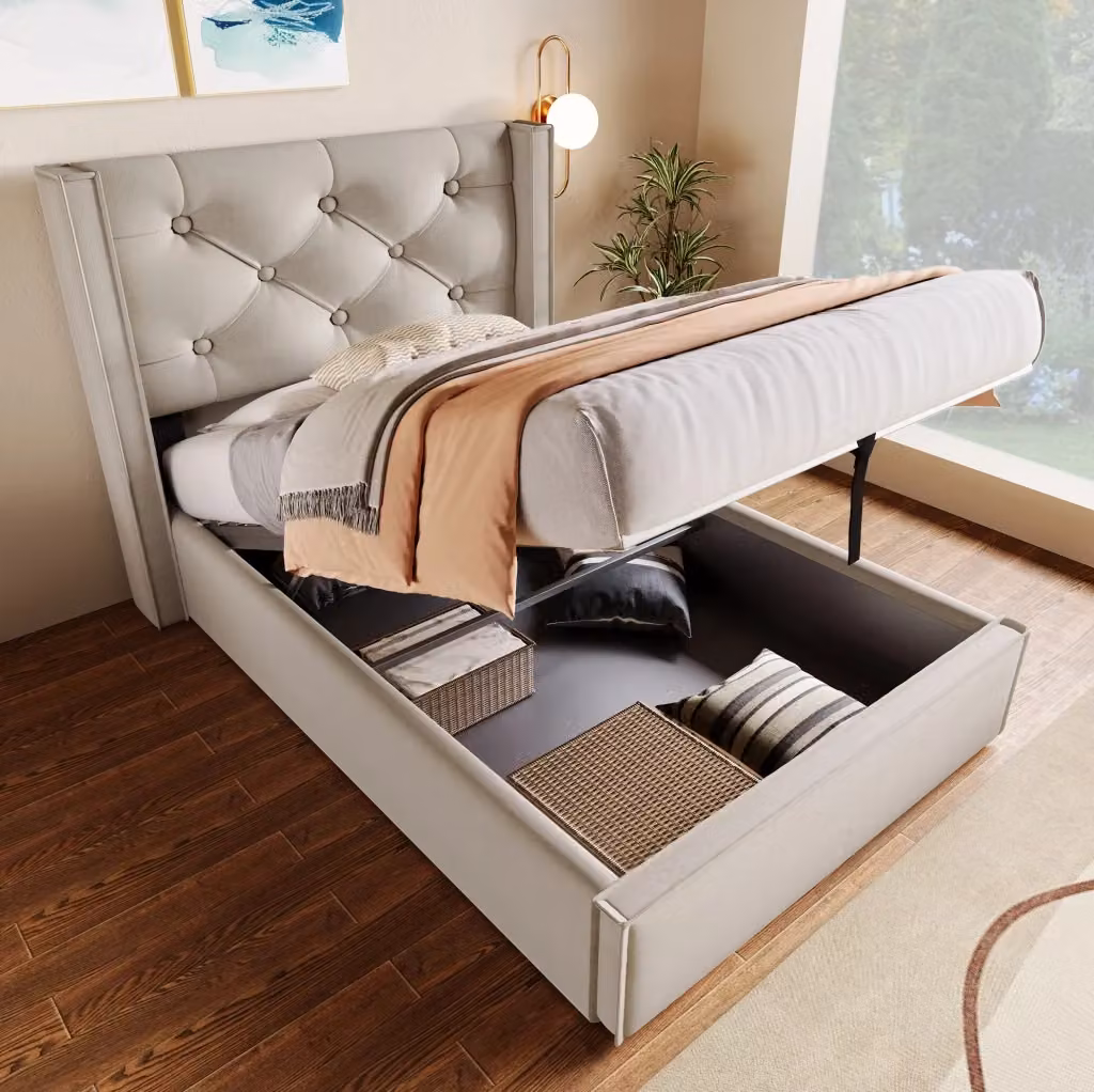 Letto singolo imbottito MODFU con contenitore e rete sollevabile, grigio, 90x200 cm – 2