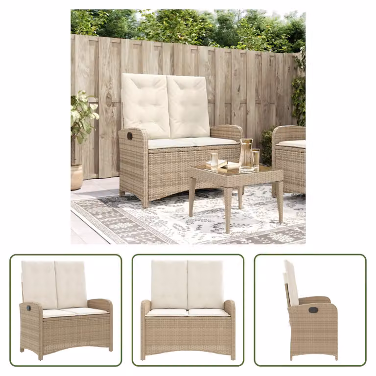 The Living Store Panca da giardino regolabile con cuscino Beige Poly Rattan