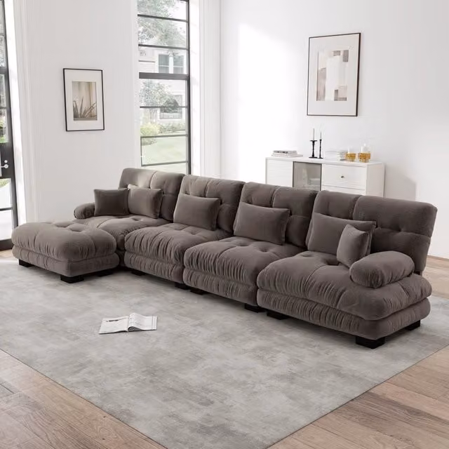 Divano Angolare Modulare 4 Posti Minimal Chenille Marrone con Poggiapiedi L/P/H: 145,0 x 127,5 x 81,0 cm